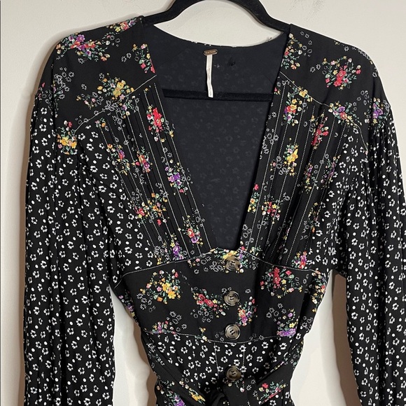 Free People | Women’s Wonderland Black Floral Long Sleeve Dress Size Small - Picture 3 of 8